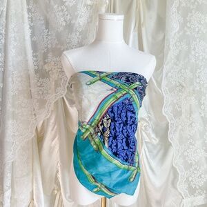 Blue and Green Patterned Silk Scarf